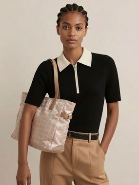 CHANEL Pale Beige Canvas Tote with Tan Leather Handles